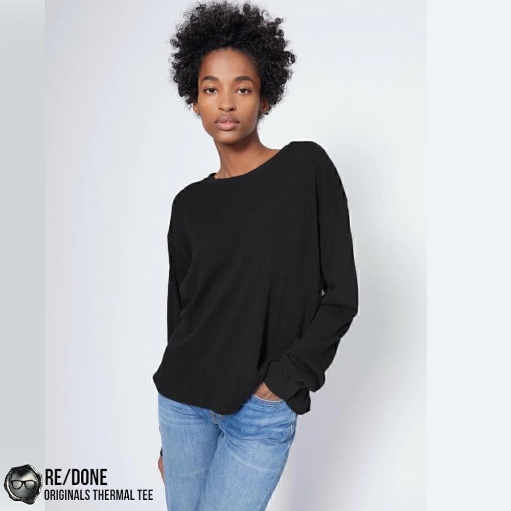 RE/DONE ORIGINALS WOMEN’S THERMAL KNIT LONG SLEEVE TEE SHIRT IN BLACK SIZE SMALL